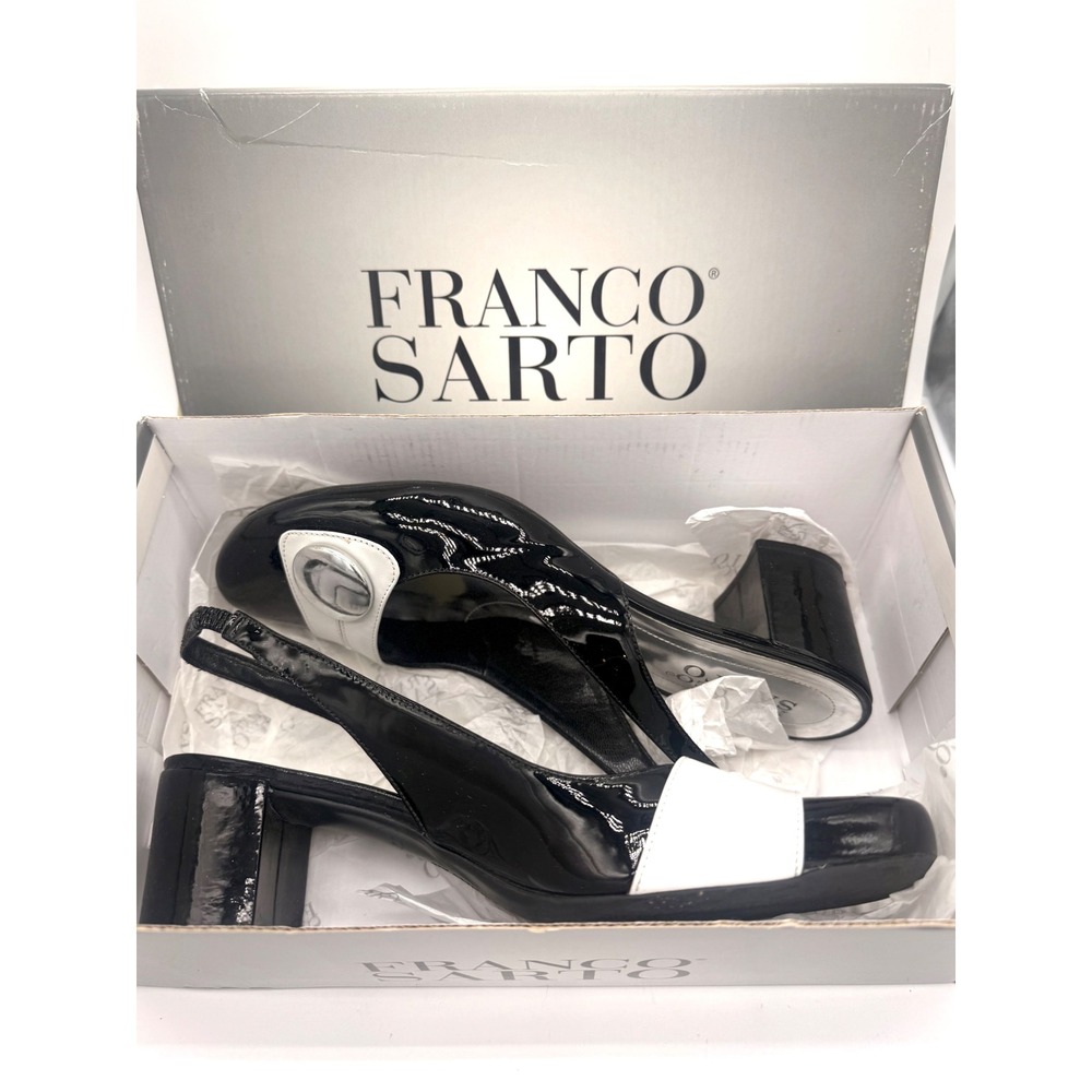 Franco Sarto Black Patent White Leather Slingback Block Heel Pumps Size 8M Box